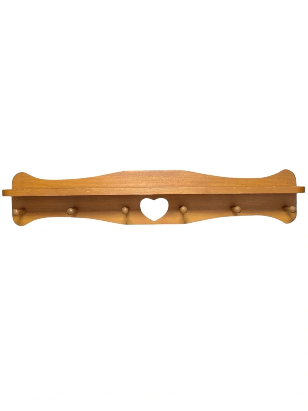 Large Vintage Heart Shelf Wood Wooden 6 Peg Hooks 36” 3 Feet Long